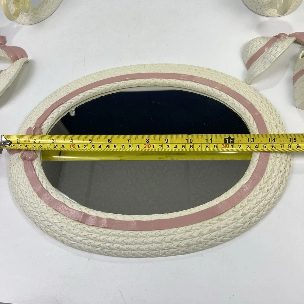 Vtg 90's Burwood Wall Decor 9pc Set White Pink Bows Faux Wicker Mirrors *Flaws*